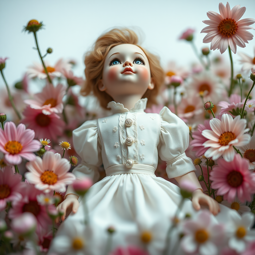 ooak art doll in a bed of flowers, looking up, exhilarated, artistic photograph, artist doll, realistic doll, life-like porcelain doll, handmade, one of a kind, focus stacking, abstract, minimalist art, in focus, hyperfocal, bisque porcelain, Victorian dress, floral, symmetric, sacred geometry