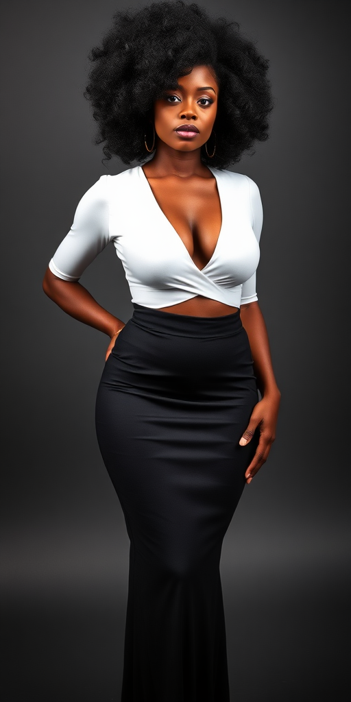 a fullbody photo of an african woman with big breasts with an afro wearing a high black waisted skirt and a white top with a deep V-line cutout