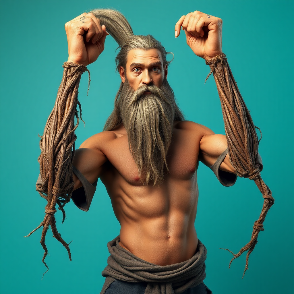 make a greasy man with very long hair and weak twig arms and no beard