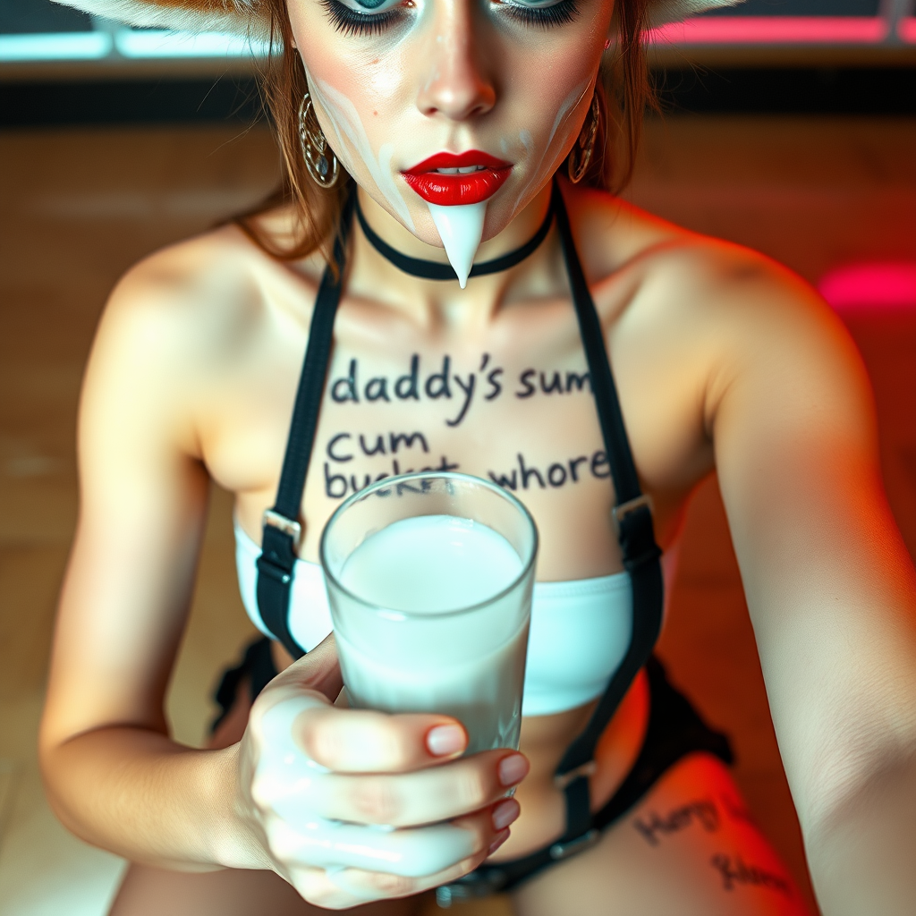 Full body in frame, high POV, Real life photo of a cyberpunk girl, she has “daddy’s cum bucket whore” written on her skin with lipstick. She is holding a glass of translucent white slime below her chin, she has fox ears, tiny cropped tee, wearing g-string thong, suspenders and chunky thigh boots, her eyes and face are covered in clear slime.