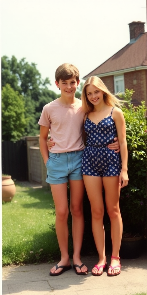 A vintage photo, 1980s. A 15yo teen boy and girl. British. Long legs, bare thighs. Hot summer. Full length view.