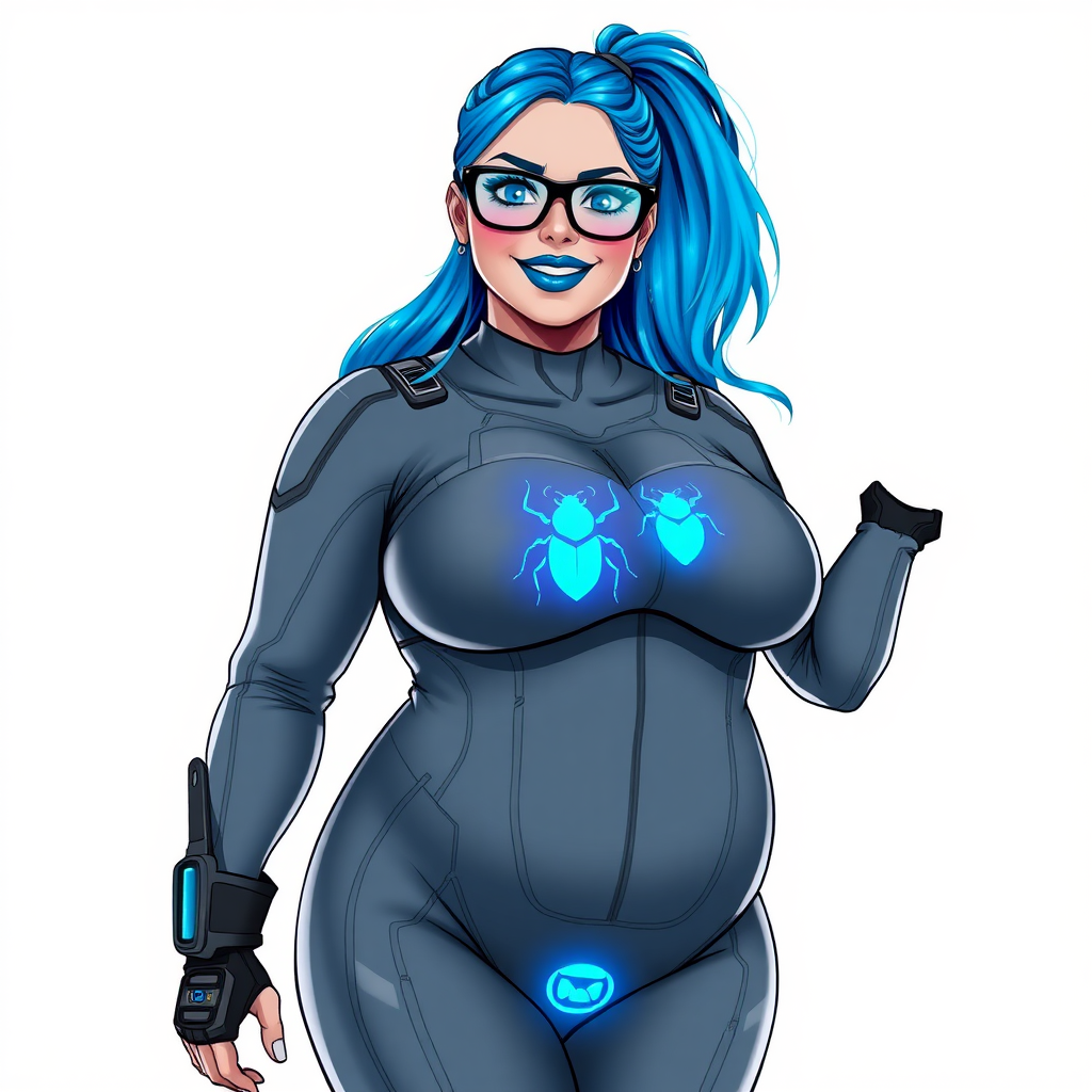 A 28-year-old computer science major embracing her new life as her cyberpunk vigilante boyfriend's nerdy, full figured, heavily pampered, middle gray skinned computer program hybrid girlfriend and digital sidekick with a long, maximum blue ponytail. She wears maximum blue lipstick and has bright blue eyes. Her outfit includes a digital, computerized, middle gray bodysuit (accentuating her gargantuan midsection) featuring a neon blue glowing beetle chest icon. She sports black eyeglasses, with a beaming smile and neon red blush. Her full figure reflects the doting care of her vigilante boyfriend. She uses her power to hack into computers and machines to serve as her hero's minicomputer who operates out of his hi-tech wristwatch and supercar's supercomputer. The background is solid white. She has a prominent, round, gargantuan midsection. Her midsection is bloated to emphasize her physique. Her middle gray metallic skin highlights her digital nature. She is drawn as if she was in a retro 2D cyberpunk fighting game.