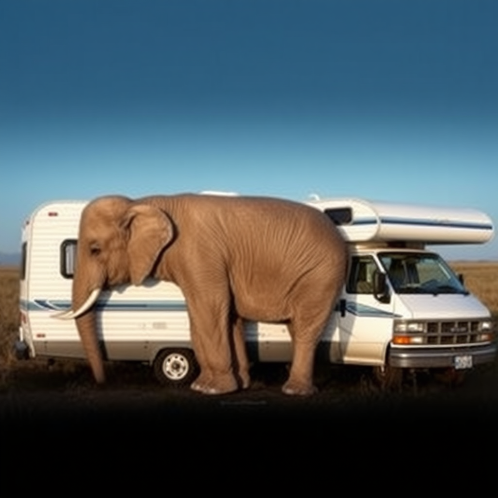 An elephant urinating next to a camper van.