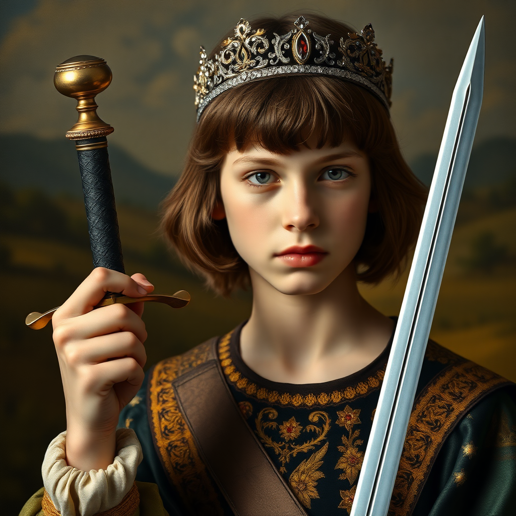 16yo teen boy prince holds his one small sword in a scabbard in his right hand by the hilt, long bob cut, embroidered with gold and diamonds medieval cloths, diamond diadem, natural Skin Texture, visualization of embossed Skin using the play of light and shadow. Free style by 50% Adolphe William Bouguereau and 15% Sandro Botticelli and 35% Otto Lomüller, The background is in the style of landscape style by Antonio del Polaiolo. Studio lighting, professional lighting. Generating the signature at the bottom: FluxBach. 16yo teen boy prince, holds, one small sword, scabbard, right hand, the hilt of the sword, ultra high resolution, 16K, ultra detailed photograph, 'lightgoldenrodyellow'