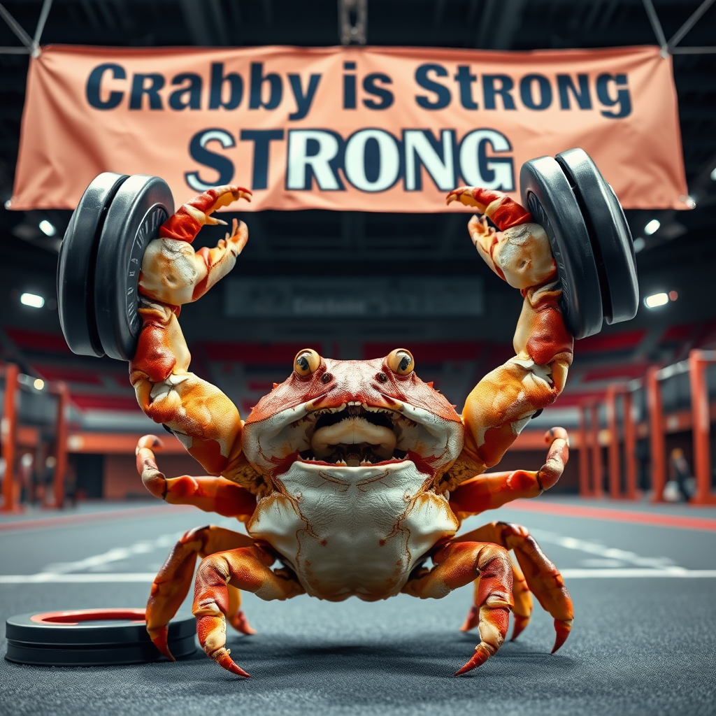 A photo realistic crab lifting weights over his head with his claws in a sport arena with a banner overhead that says "Crabby is Strong"