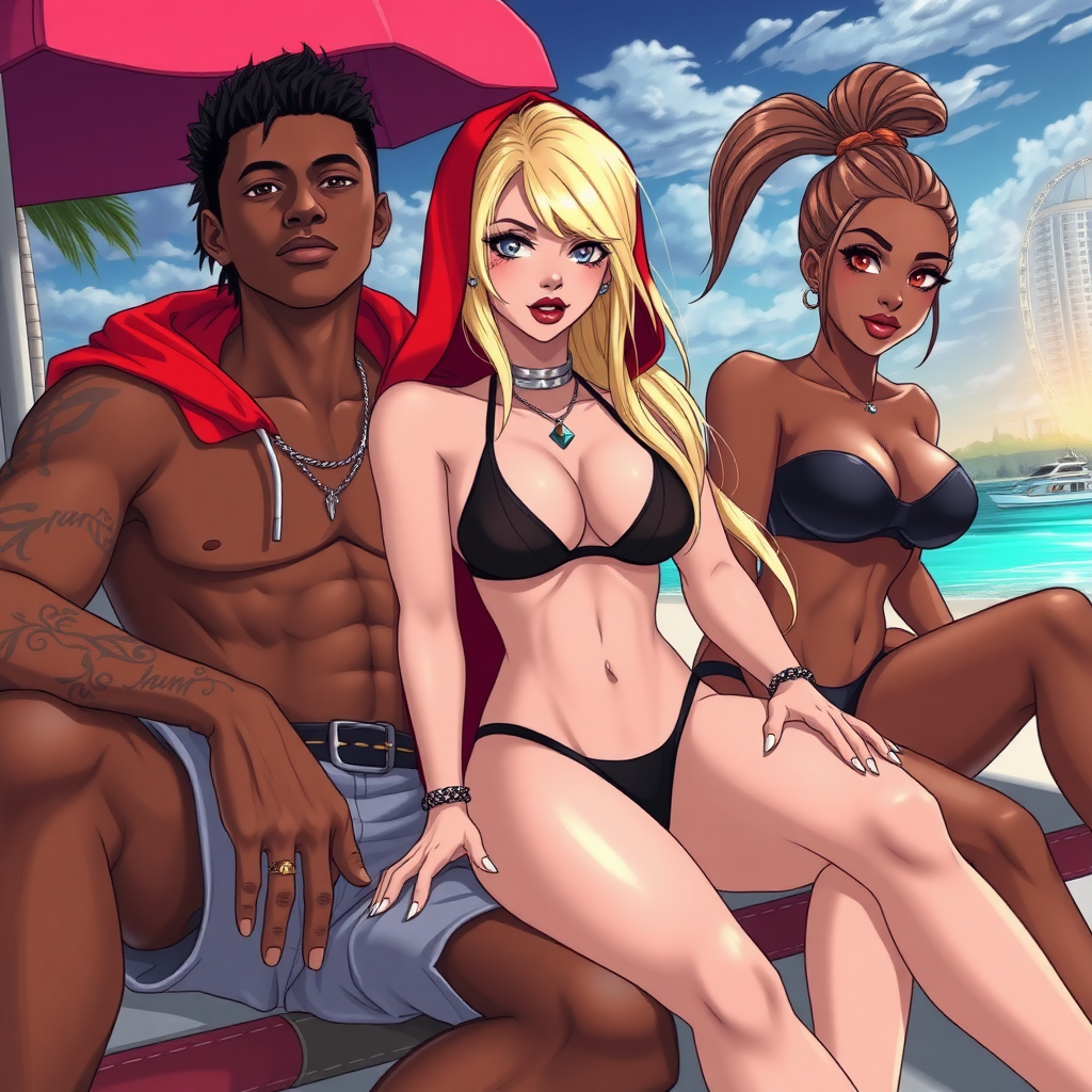 Anime of A 19 year old thug ghetto women, white, long blond hair, wearing nothing but a micro-black bikini and g-string thong under red-white bape hoodie, red-lips, white-nails, down in Miami beach Florida near a city, she is sitting next to a dark-skinned male with dreadlocks and left to her is a white male-latino with brown-fohawk hair and is very handsome with a sideways cap, there is also a latina women with a brown-ponytail (Lucia)