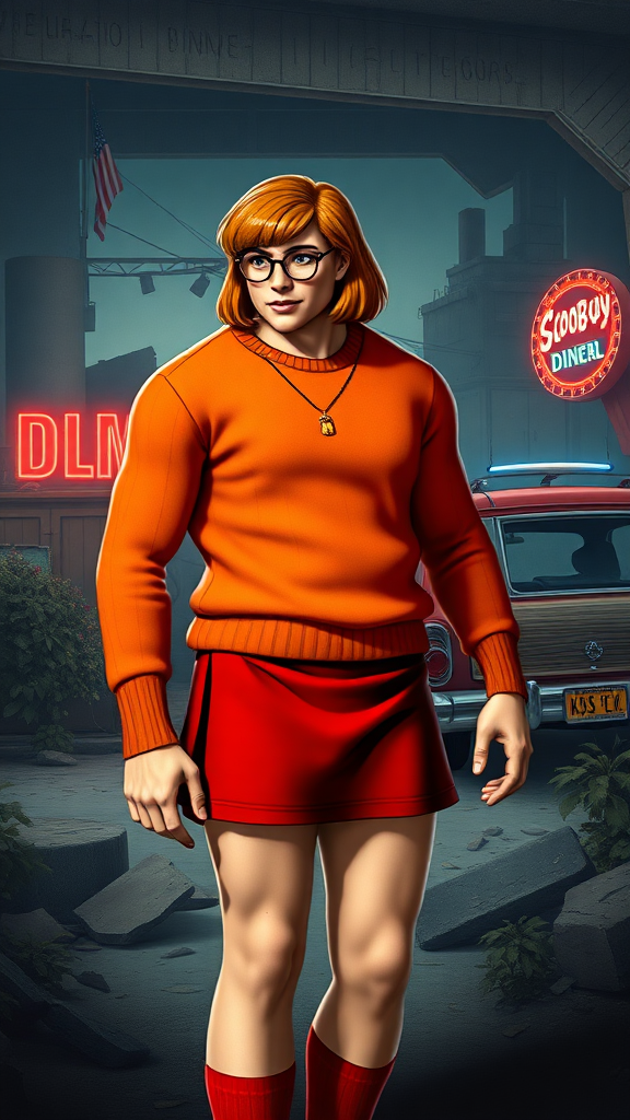 Here is a 681 character concise prompt for DALL-E 3 to generate the requested image:

Detailed full-length portrait of Marcus Fenix's muscular male figure wearing Velma Dinkley's iconic orange sweater, red skirt, knee-high socks, and circular glasses. Velma's auburn shoulder-length hairstyle and facial features, including freckles, remain intact atop Fenix's head. The background blends the gritty, industrial environment of the Gears of War universe with the retro American suburban setting of Scooby-Doo, featuring a classic woodgrain paneled station wagon, a neon diner sign, and overgrown foliage amidst crumbling concrete ruins.