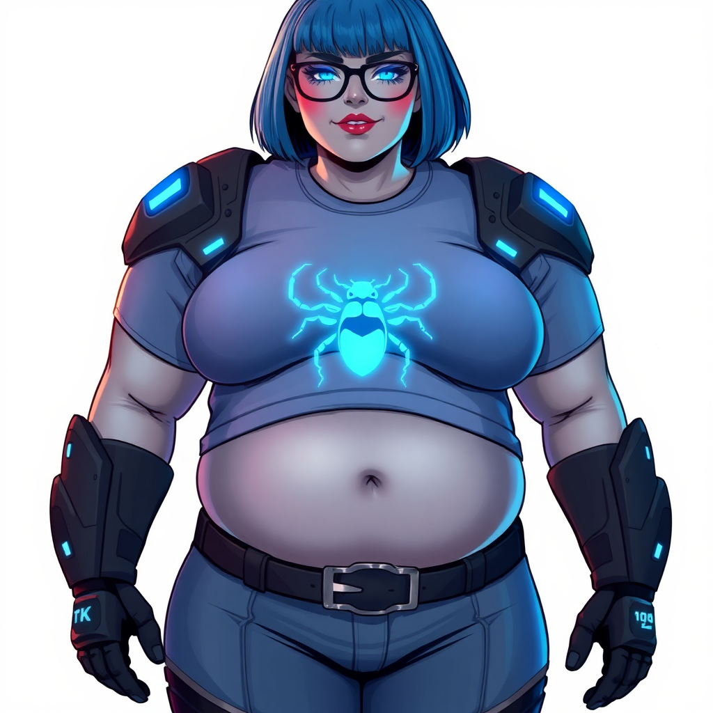 A 28-year-old, full-figured, middle gray skinned computer program hybrid with a maximum blue bob cut. She has a non-athletic build, highlighted by a prominent, round, large midsection (with emphasis on her belly), which shows the aftermath of her pampering. As the heavily pampered digital sidekick to her cyberpunk vigilante boyfriend, her middle gray metallic skin and maximum blue lipstick emphasize her digital nature. She wears a digital, computerized costume inspired by DC’s Carrie Kelly Robin, consisting of a huge, tight-fitting, maximum blue t-shirt (accentuating her belly) with a neon blue glowing chest icon of a beetle, hi-tech shoulder pads with neon blue accents, a black hi-tech belt with a digital neon blue glowing buckle, digital maximum blue biker pants with neon blue accents, and black hi-tech fingerless biker gloves with neon blue glowing accents. Her neon blue glowing eyes, black eyeglasses with a neon blue glowing HUD built into the lenses, and shy smile with neon red blush accentuate her nerdiness. She stands bashfully with her hands behind her back, her costume covering all her skin and emphasizing her full-figured physique (especially her belly). She is clearly non-athletic, with a focus on her full-figured physique. Despite her build, she radiates beauty. She has a slim face compared to her physique, accentuating her radiant beauty. She is on a solid white background. She is drawn as if she were in a retro 2D cyberpunk fighting game.