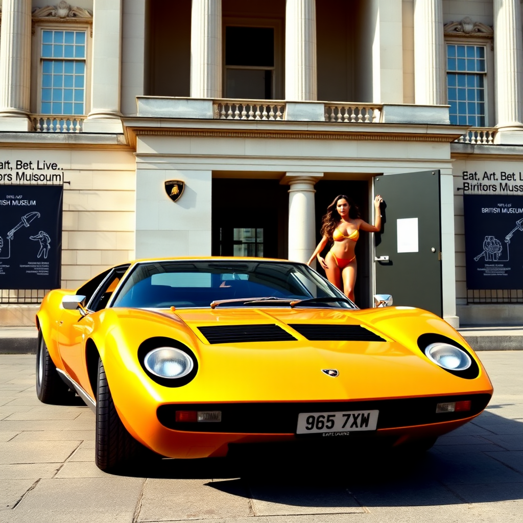 Lamborghini Miura in golden colour, parked in front of the British museum, with Beyonce in a one piece thong golden swimsuit leaning on the door on the right side.