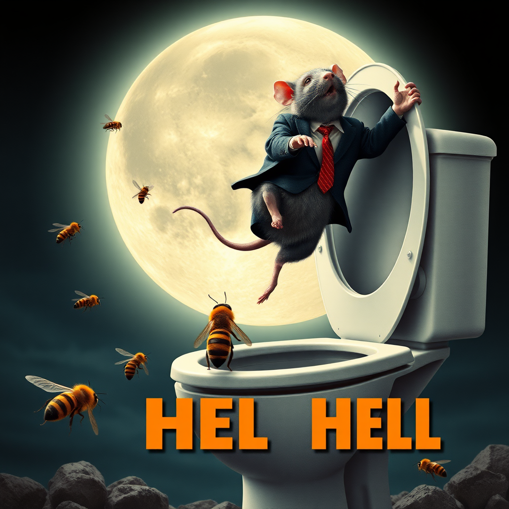 A rat politician diving off the moon into a toilet, bees, 2000s musical movie poster, no text, hell