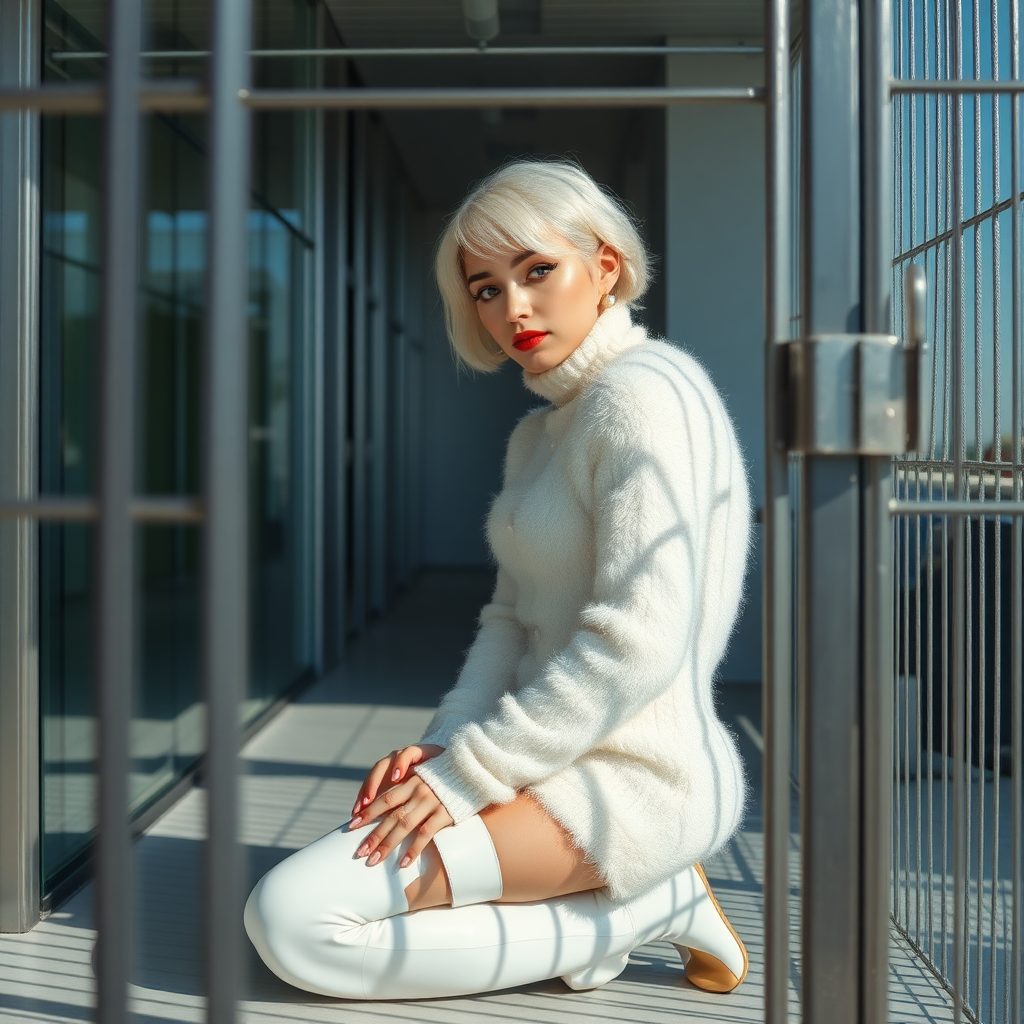 Sunny spring morning, modern glass-steel-concrete office, kneeling inside locked small steel cage, waiting for the master: Ana, European 17 years old very convincing femboy “trophy-bimbo”, tamed servile docile, very beautiful feminine flawless face, rather short boyish figure, platinum blond short tight curls, bold red lips, heavily made-up face, long French nails, wearing Supertanya-style chunky fluffy very fuzzy bright white plushy mohair figure-hugging turtleneck-knitdress with white pearl decoration, white vinyl thigh-high boots with golden heels, pearl earrings, serious, leaning forward presenting her assets, arrogantly looking through grid at camera. Full view of office.