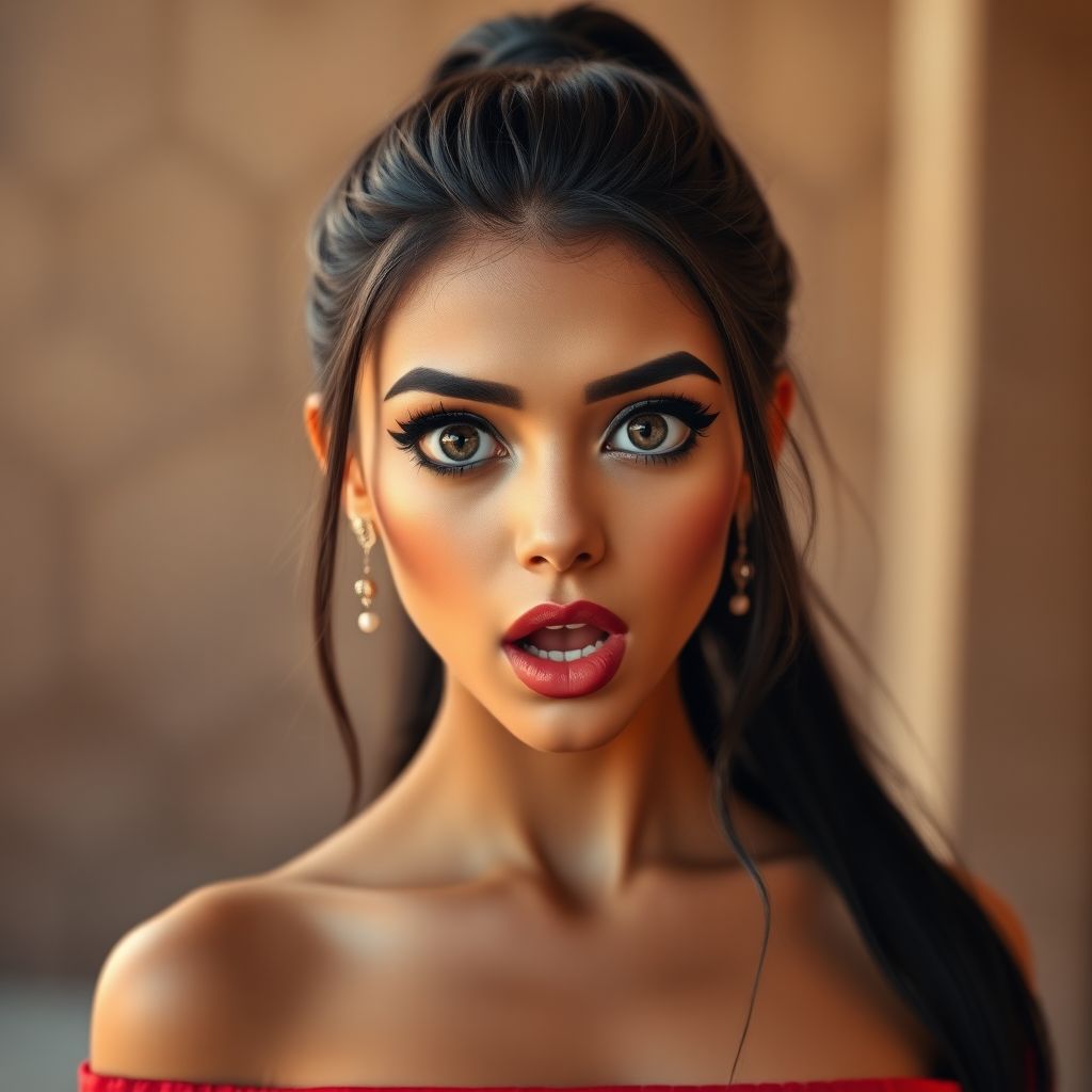 surprised Arabian girl with mouth open. She has very large eyes, black eyeshadow, black eyeliner, fake eyelashes, very tanned skin, very long hair. very high ponytail, red off shoulder shinny crop top. photo realistic, black hair.