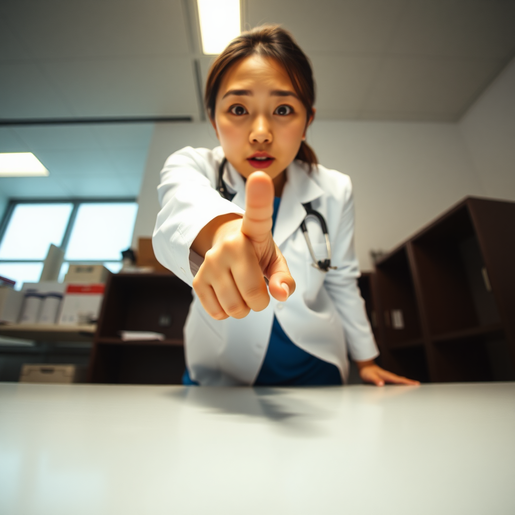 photo low angle POV Korean woman wearing lab coat standing and pointing her finger down toward the table in front of her. she has a surprised look on her face. she looks at the viewer