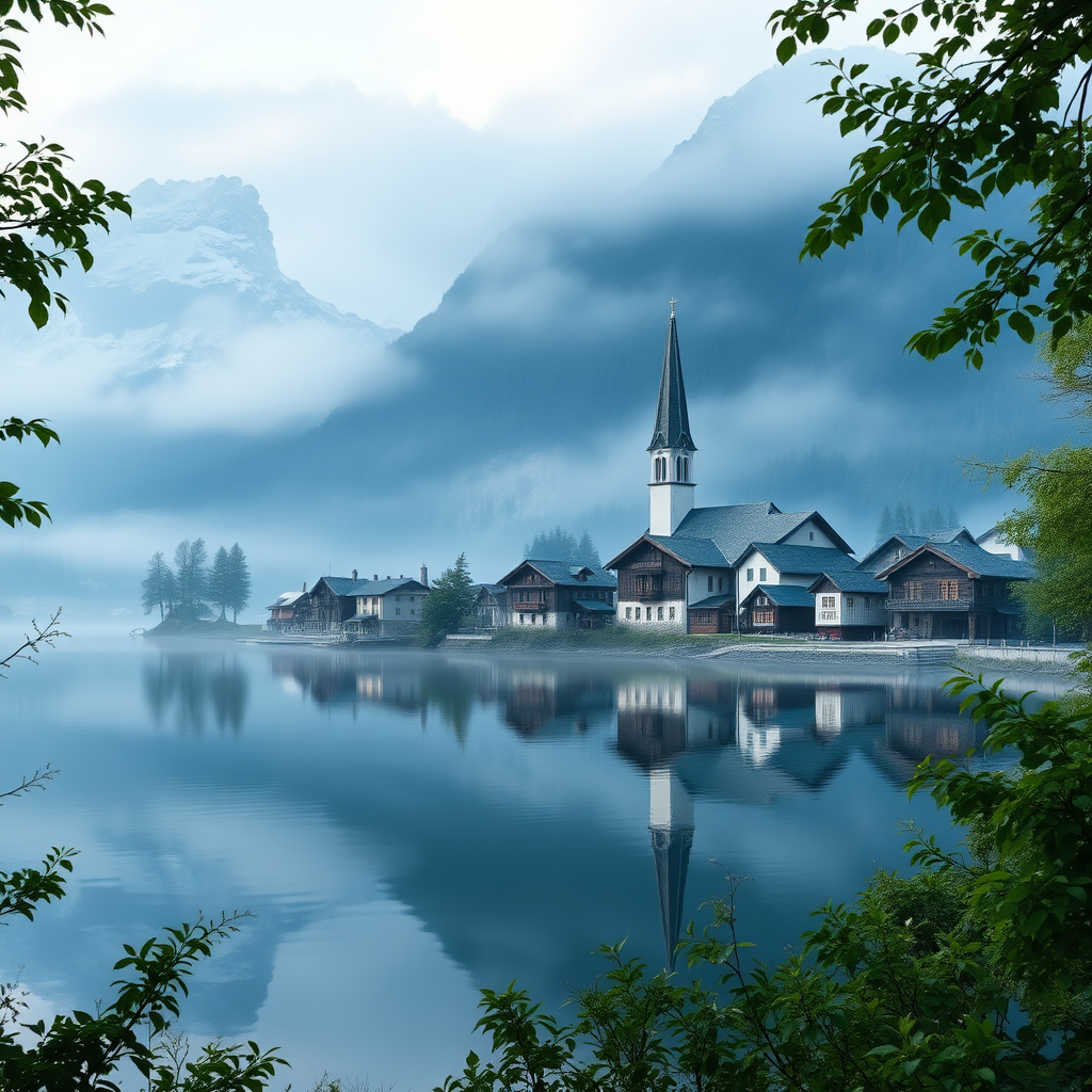 A tranquil alpine village nestled by a serene lake, surrounded by snow-capped mountains. The scene captures a soft, misty morning atmosphere with a blend of cool blues and whites dominating the palette. Reflections of the mountains and quaint houses shimmer on the still water surface. The architecture showcases traditional wooden chalets and a prominent church with a tall spire, harmonizing with the natural landscape. Lush green foliage frames the scene, adding a touch of warmth to the cool tones. The overall aesthetic leans towards hyperrealism, emphasizing intricate details in the mountains and water reflections, creating a dreamlike quality.