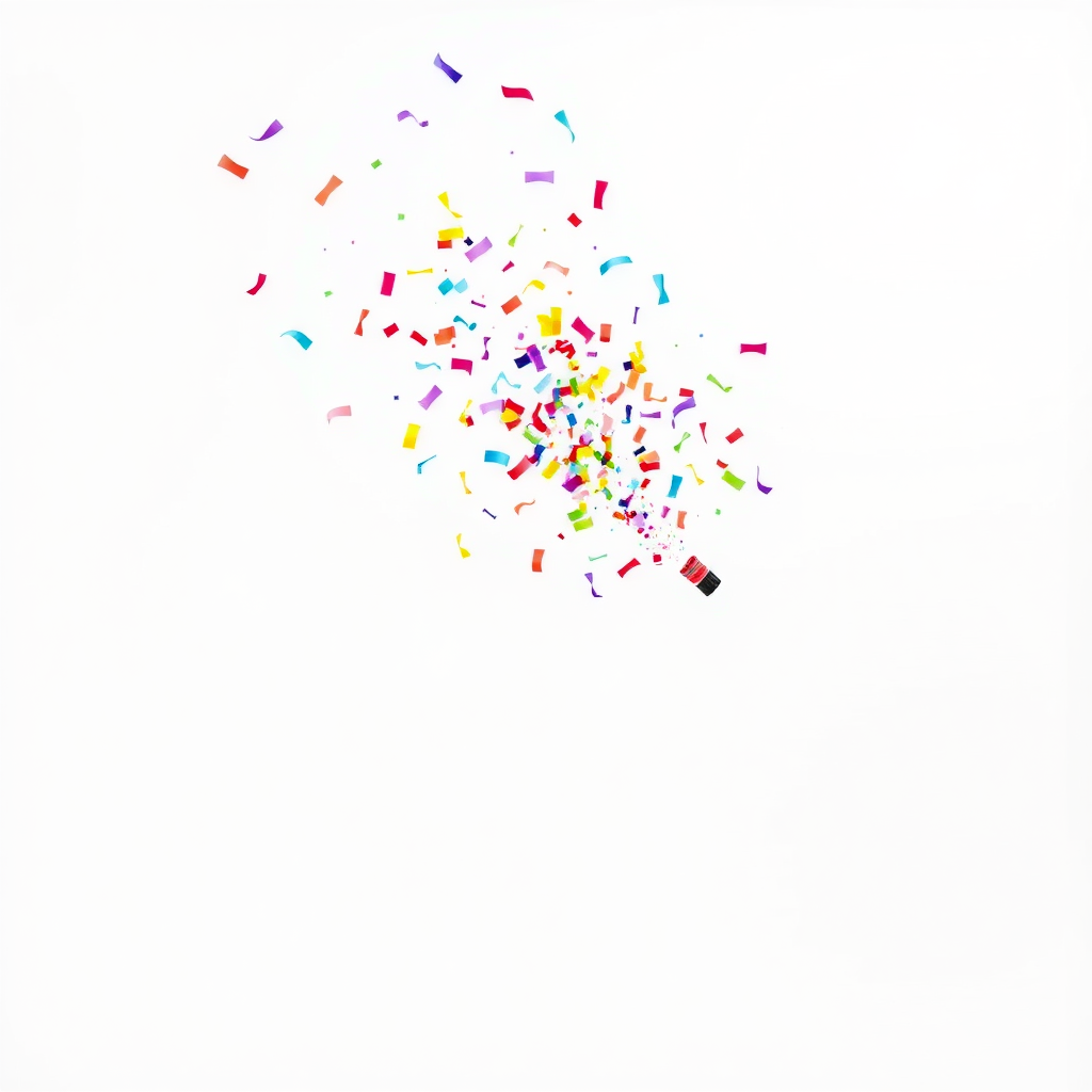 big confetti shooting from a small colorful tube into the air, at an angle, white background, realistic, beautiful