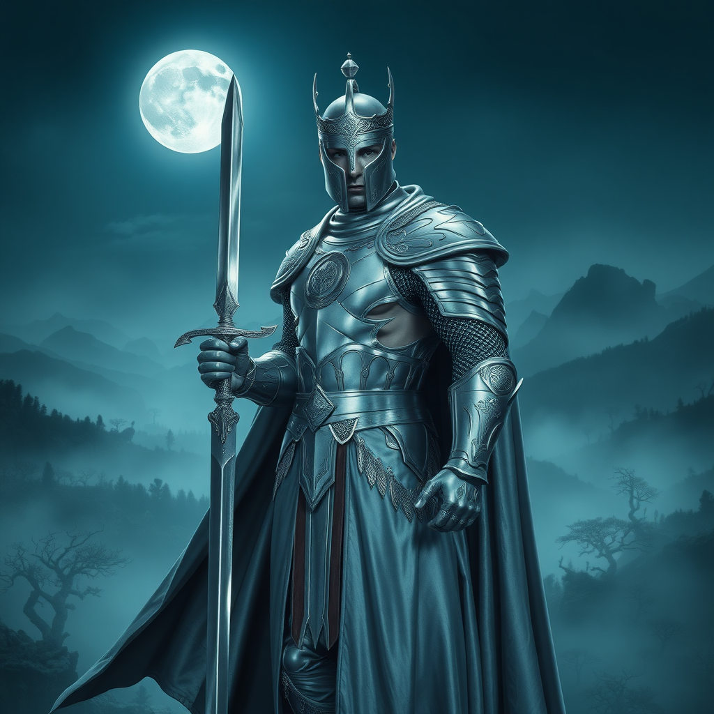 A striking image of the Silver Prince, a regal and imposing figure dressed in polished silver armor that gleams in the moonlight. His long, flowing cape sways behind him as he stands on a cliff overlooking a misty, mystical battlefield. His face is calm and composed, framed by a silver helmet adorned with intricate designs. In his hand, he holds a gleaming silver sword, the blade reflecting the eerie light of the moon. The atmosphere is both majestic and foreboding, with the distant silhouettes of ancient trees and mountains shrouded in mist. His presence exudes an aura of power, mystery, and an otherworldly strength, embodying both nobility and menace.