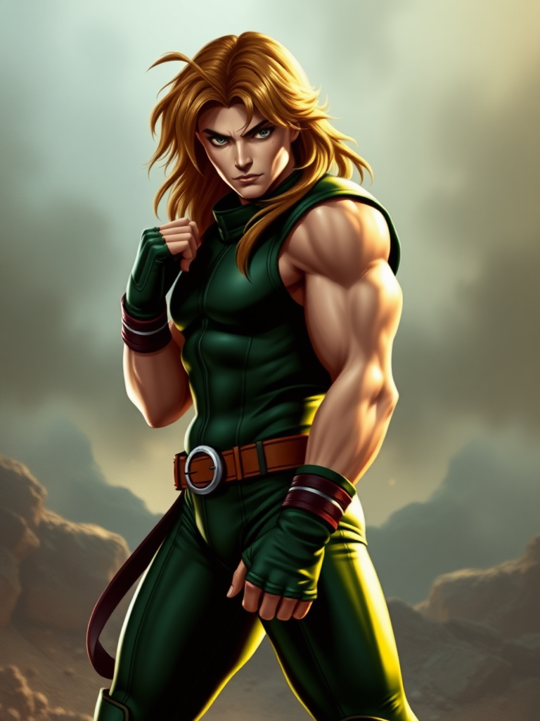 Create a hyper-realistic image of Marvel Comics character Rogue, but with the body type of Ken Masters from Street Fighter, ensuring that Rogue's head remains intact. Adjust the silhouette accordingly to blend both characters' features. Design a background setting that is suitable and visually appropriate for the characteristics and worlds of both Rogue and Ken Masters.