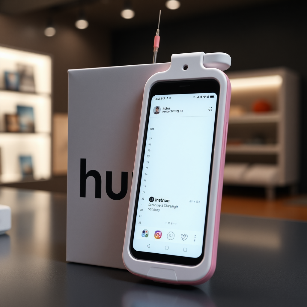 A close-up straight front view of a mobile phone in a shape inspired by a syringe, white pink futuristic, kept for sale leaning against a box with text Ashu and minimal design, in a showroom, touchscreen phone with Instagram page open on the screen, needle on top, whitepunk.