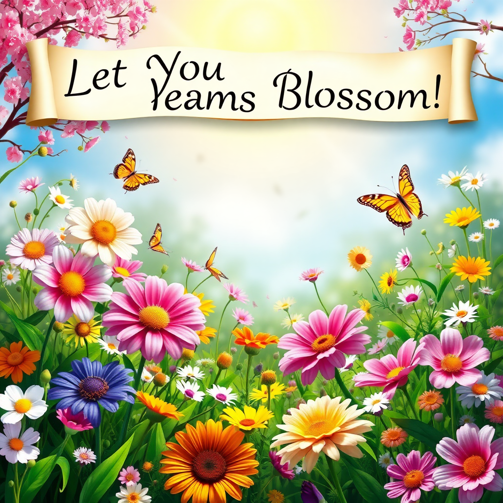 An imaginative scene of a vibrant garden in spring, filled with a variety of flowers in full bloom, with a bright sun shining down and a butterfly fluttering among the blossoms, while a banner overhead reads, "Let Your Dreams Blossom!"