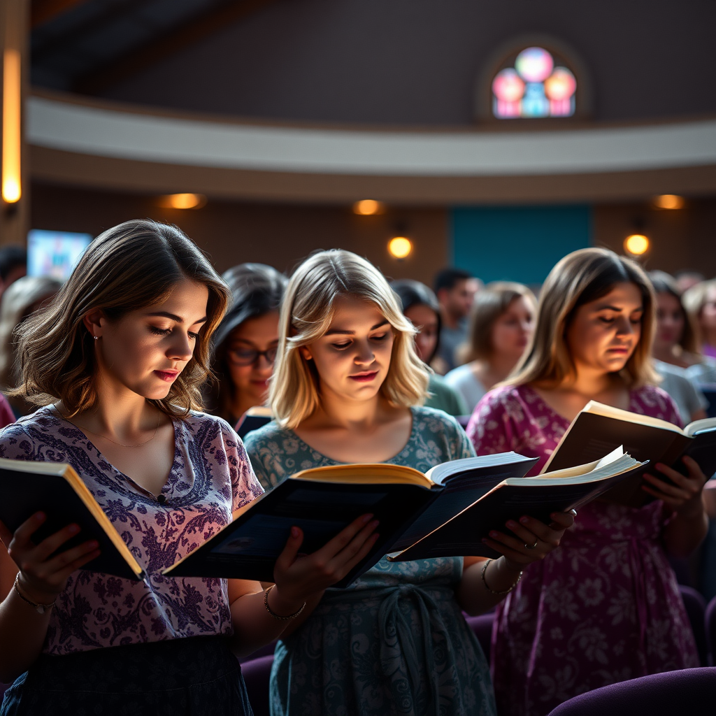 A banner with an image of several women reading their Bibles in a service in an evangelical church, digital art style, ultra detailed, cinematic lights, high quality, 8K