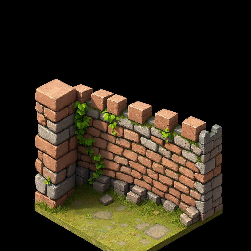 Create a section of a brick and mortar wall. The wall is shown in isometric perspective in a style that combines fantasy game art and digital painting. Use soft lighting. The wall should look weathered and has vines and moss growing on it. The background must be plain black.