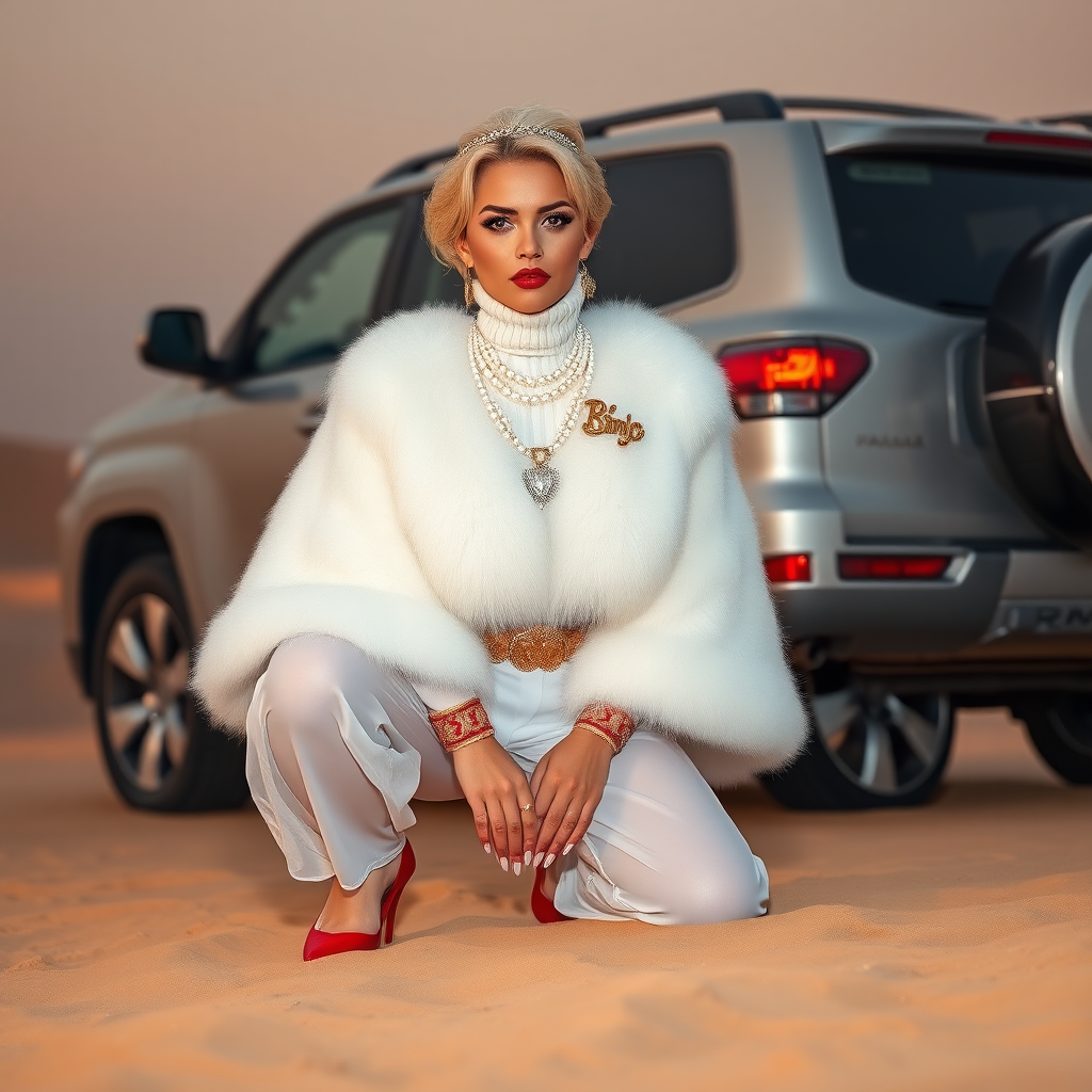 Kuwait desert dunes misty dawn, full size luxury SUV: Melissa, European 17 years old very convincing femboy “trophy-bimbo”, tamed servile docile, very beautiful feminine flawless face, rather short, by hormones very curvaceous womanly figured, platinum blond short tight curls, bold red lips, long white French nails, heavily made-up face, wearing Supertanya-style fluffy very fuzzy bright white angora turtleneck-poncho cropped ending under bust decorated with pearls and glass stones, striking oriental wide gold bridal protection belt, white fully transparent harem pants, bright red pumps with golden very high heels, full Oriental bridal jewelry including headpiece, nose-ring, coin wristlets, coin anklets, striking diamond “Bimbo” letter brooch on left chest, thick heavy pearl wristlets, pearl anklets, pout frustrated, kneeling in sand in front of SUV, looking at camera. Focus on face and turtleneck-poncho.