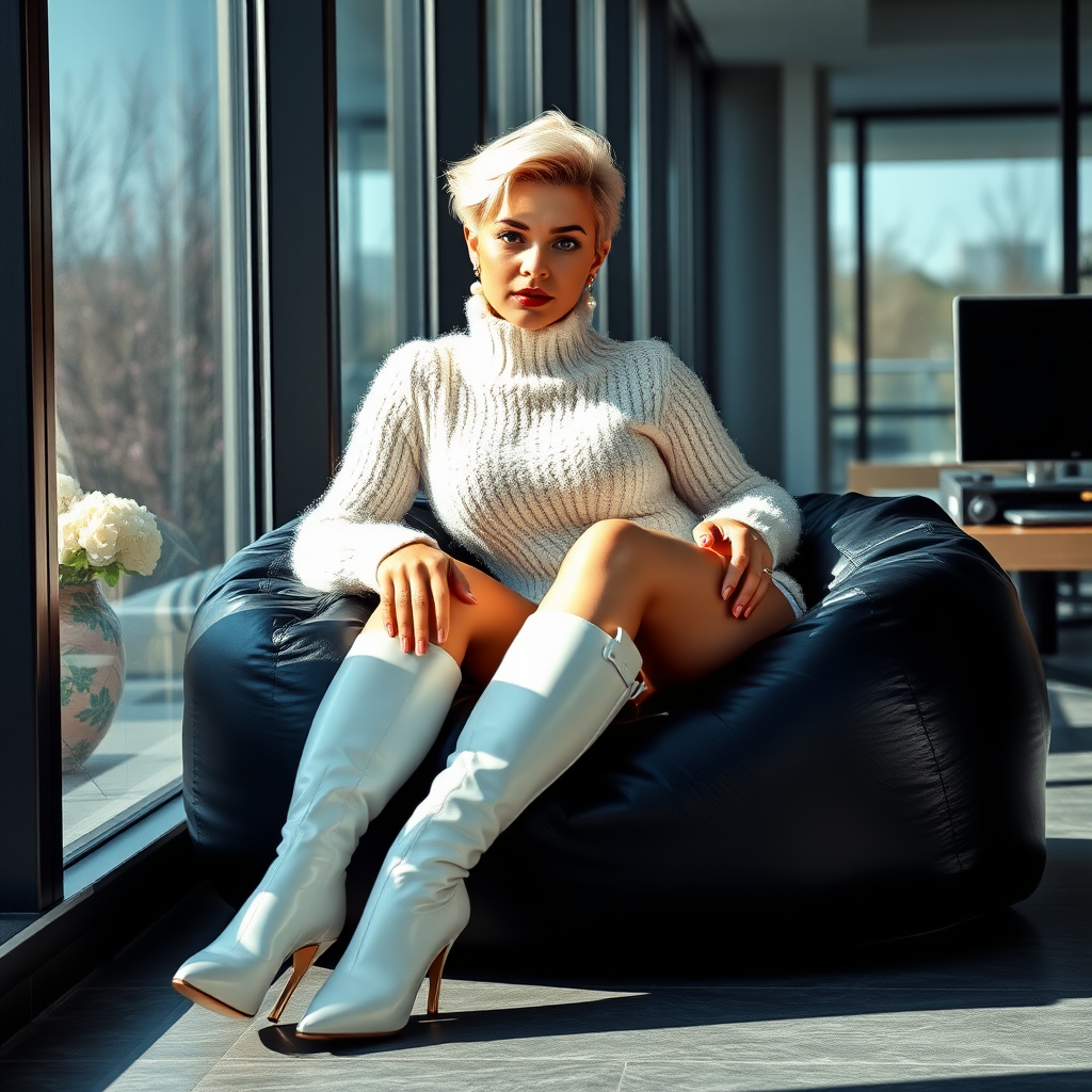 Sunny spring morning, modern glass-steel-concrete office, resting on black leather beanbag at wall, waiting for the master: Ana, European 17 years old very convincing femboy “trophy-bimbo”, tamed servile docile, very beautiful feminine flawless face, rather short boyish figure, platinum blond short tight curls, bold red lips, heavily made-up face, long French nails, wearing Supertanya-style chunky fluffy very fuzzy bright white plushy mohair figure-hugging turtleneck-knitdress with white pearl decoration, white vinyl thigh-high boots with golden heels, pearl earrings, serious, leaning forward presenting her assets, arrogantly looking at camera.