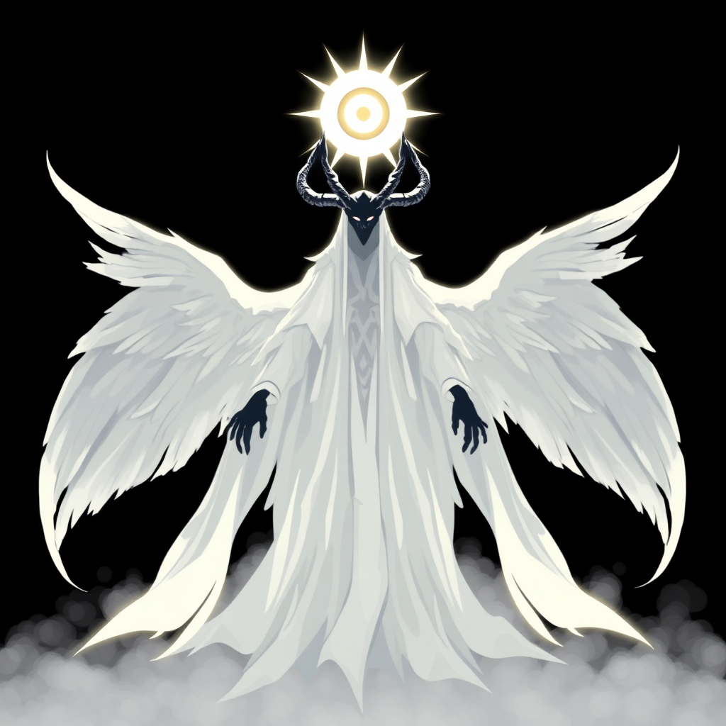 (Anime Pixel-styled art) Black background, the eerie figure of Yaldabaoth, the Demiurge, emerges in stark contrast. Towering and ghost-like, his form is tall and ethereal, a spectral white silhouette that seems to glow with an unsettling luminescence. His face is hidden beneath frontside a strange and eerie circular light, radiant and blinding, with a single eye symbol hauntingly suspended within the glow. His head is crowned by four jagged, imposing horns, adding to his menacing yet angelic presence. Draped in flowing robes of white and black, Yaldabaoth's appearance straddles the line between celestial and terrifying. Four majestic angel wings unfurl from his back, their divine beauty twisted by the sinister aura that surrounds him. Floating effortlessly in mid-air, his entire form is visible—a full-body view as his arms extend outward, as if preparing to unleash a powerful, otherworldly force. His presence commands awe and fear, a terrifying blend of celestial grace and eerie malevolence.