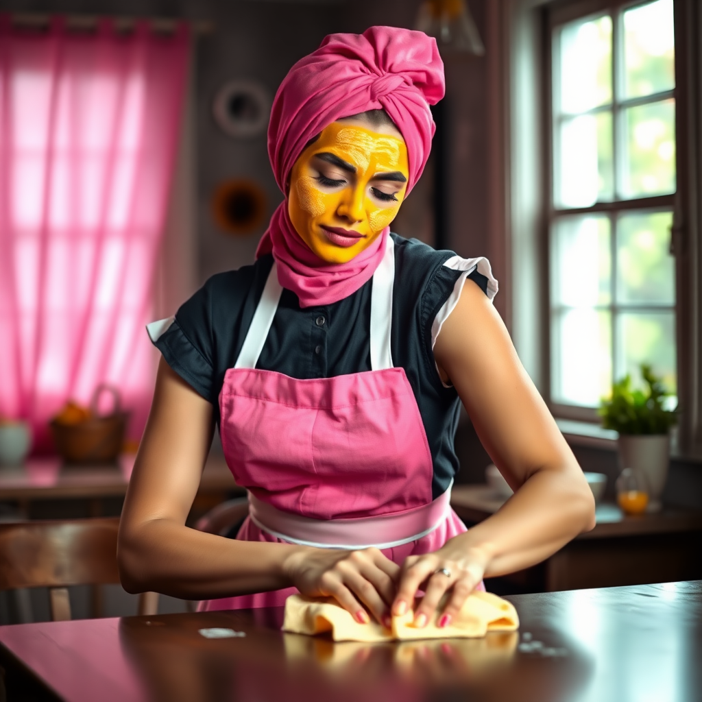 slim, 30 year old, sexy, french maid, pink scarf head, turmeric face pack. She is cleaning a table with a cloth