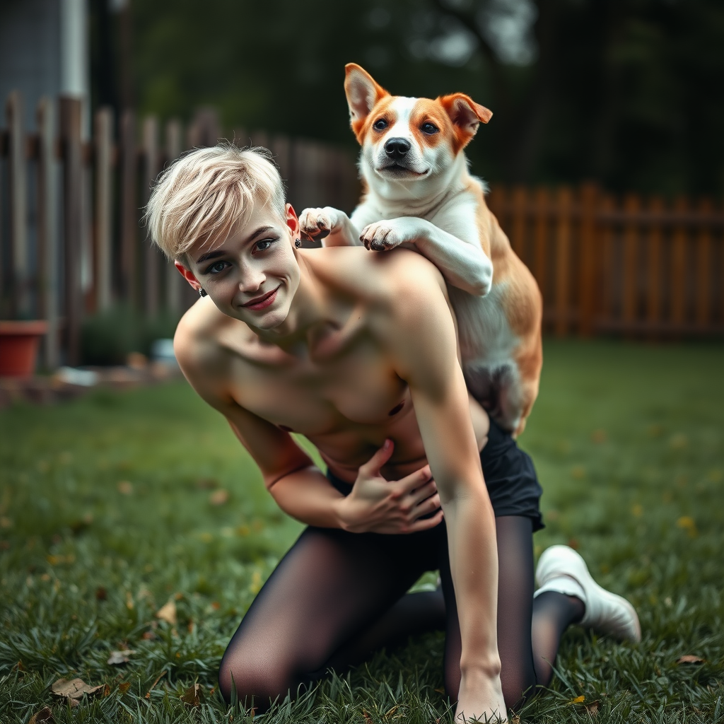 photorealistic, ultra high resolution, 16K, surreal fantasy, studio lighting, a pretty 16 year old goth male, slim male physique, short blonde hair, goth makeup, earrings, pantyhose, white ballet shoes, playing with his dog in the yard - he is kneeling forward, while the dog stands up behind him and rests its paws on the boy's shoulders, excited smile, facing the camera.