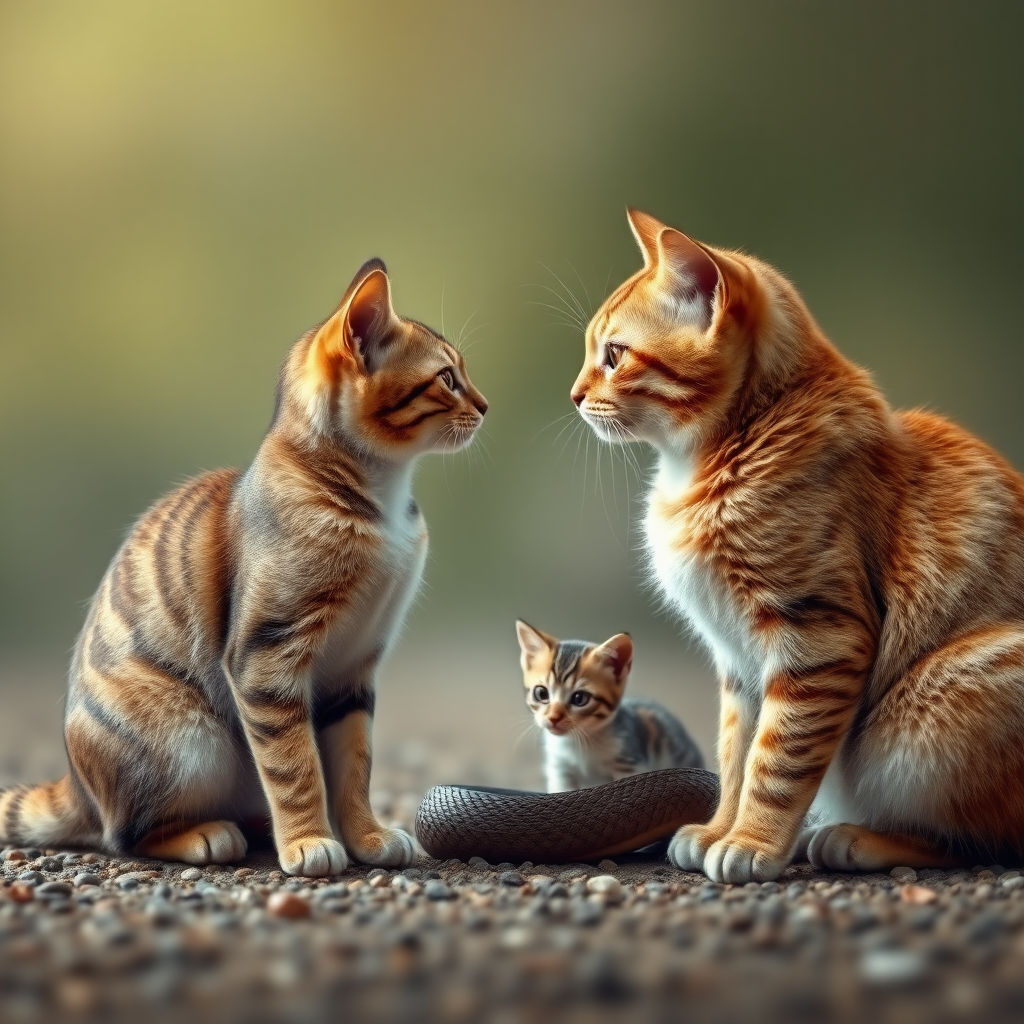 A mother cat and a snake are standing face to face, with a kitten hiding behind the mother cat, panoramic view, side shot, realistic style.