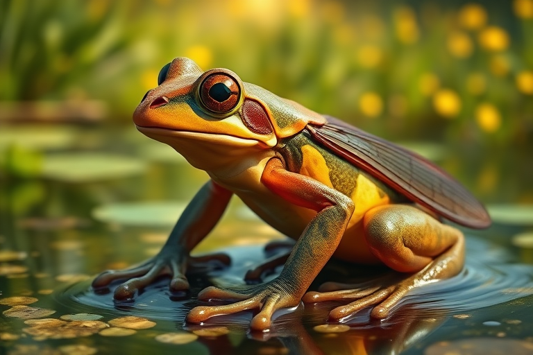 Create a full-length photorealistic image of a frog that incorporates the musculature and silhouette of a horsefly while retaining its head intact, showcasing its facial features. The frog's skin should display a vibrant, glossy texture, while the body showcases a mix of frog skin and horsefly fur. In the background, blend elements inspired by both the natural habitat of frogs, like a lush pond, and the environment typical for horseflies, such as sunlit meadows. The scene should unify these two diverse ecosystems, creating a harmonious yet intriguing setting.