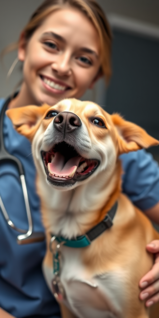 A smiling cute dog with a nice looking veterinarian