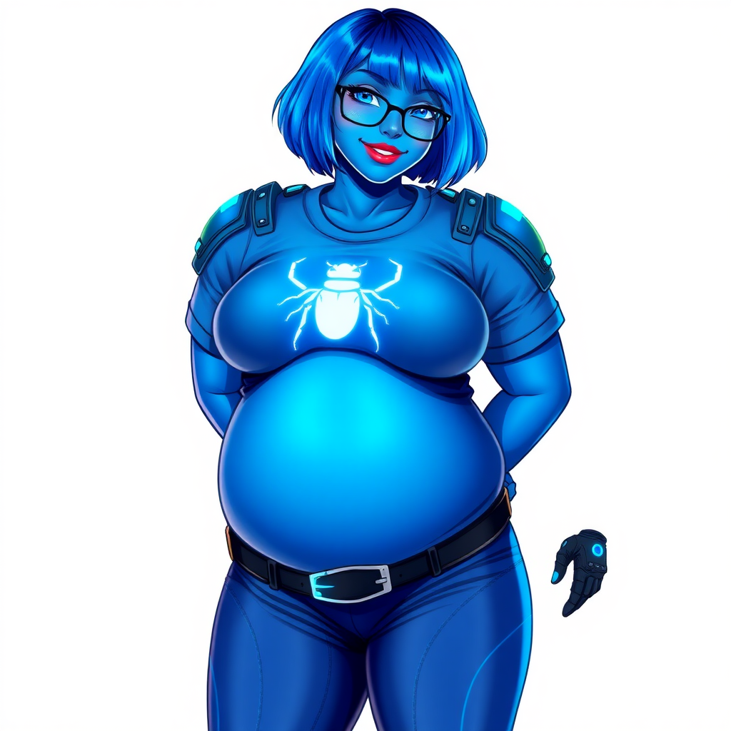 A 28-year-old, full-figured, metallic maximum blue (5PB 5/12) skinned computer program hybrid with a maximum blue bob cut. She has a non-athletic build, highlighted by a prominent, round, large midsection (with full emphasis on her large belly), which shows the effects of her new love of junk food acquired from her boyfriend. As the full-figured, nerdy, digital sidekick to her cyberpunk vigilante boyfriend, her metallic maximum blue skin and maximum blue lipstick (5PB 5/12) emphasize her digital nature. Her skin has a subtle, animated glow, with digital patterns occasionally flickering across it, making her digital nature obvious. She wears a digital, computerized costume, consisting of a huge, tight-fitting, maximum blue t-shirt (5PB 5/12) with a neon blue glowing chest icon of a beetle, hi-tech shoulder pads with neon blue accents, a black hi-tech belt with a digital neon blue glowing buckle, digital maximum blue biker pants (5PB 5/12) with neon blue accents, and black hi-tech fingerless biker gloves with neon blue glowing accents. Her neon blue glowing eyes, black eyeglasses with neon blue glowing lenses equipped with a built-in HUD, and bashful smile with neon red blush accentuate her nerdiness. She stands bashfully with one hand behind her back and the other hand gently touching her cheek, her costume covering all her skin and fully emphasizing her full-figured physique (especially her large belly). She is clearly non-athletic, with a focus on her full-figured physique. Despite her build, she radiates beauty. She has a slim face compared to her physique, accentuating her radiant beauty. She is on a solid white background. She is drawn as if she were in a retro 2D cyberpunk fighting game.