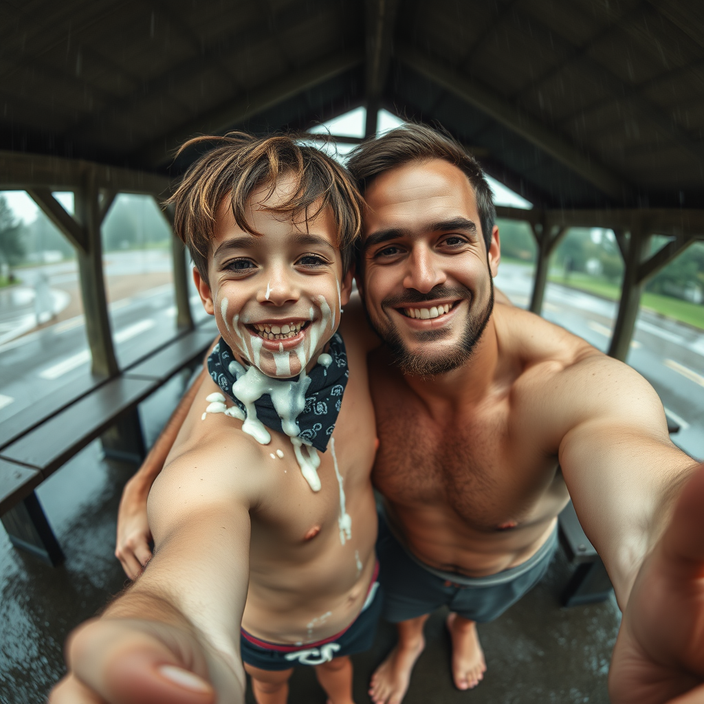 aerial selfie, selfie stick, confident athletic little barefoot boy with adorable hair and freckles snuggling his dads, the boy is splattered with runny clear white mucous covering his face and drooling from his little mouth and dreadlocks and toes, he has braces, wearing a bandana and shirtless and in tiny little fitted trunks, his dad looks like his mind is blown by his little son, dads have hairy legs and barefoot, dark rainy rest stop picnic shelter