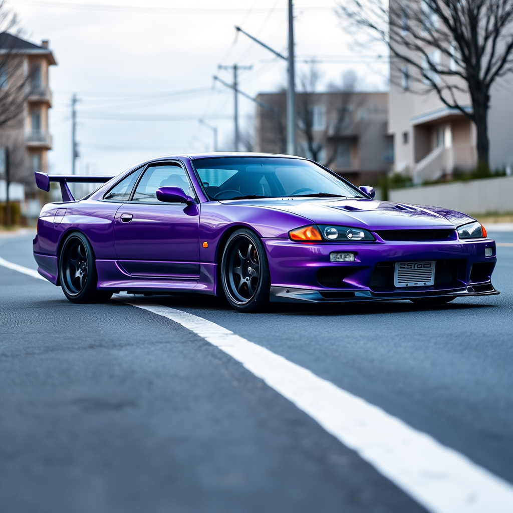 camelonn purple nissan silvia s14 the car is parked on the side of the road, inspired by Taiyō Matsumoto, tumblr, restomod, nd4, c4 cold colors