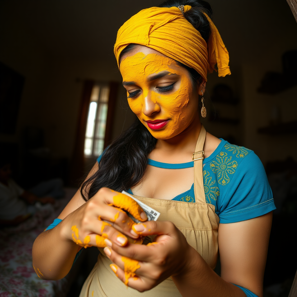 wide angle image of a slim, curvy, 30 year old indian maid with hair covering bun, her face is covered with turmeric mask. she is stealing money from wallet.