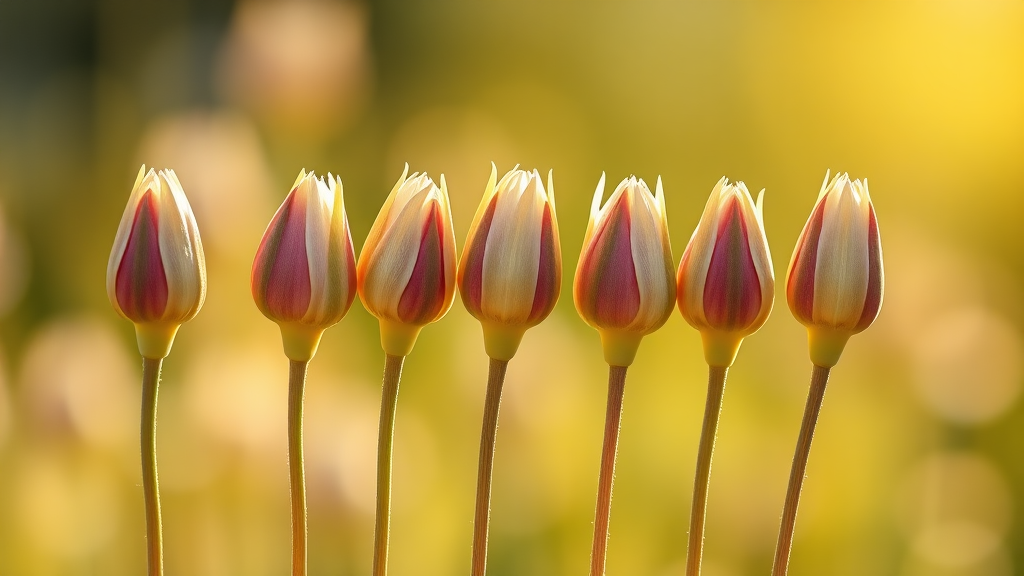 Create an image that looks realistic, with beautiful wildflowers in bud. Five buds are naturally arranged side by side, and the background is out of focus with sunlight shining through naturally.