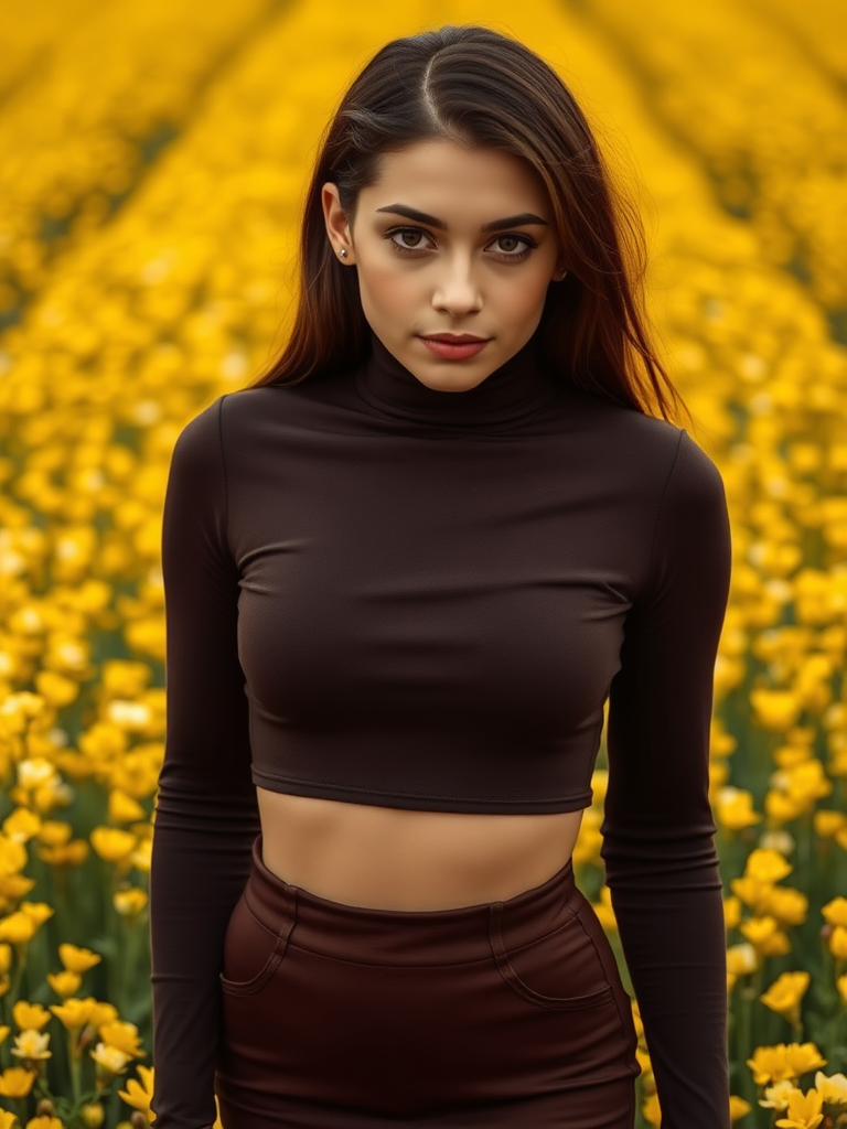 A slim girl in a dark brown turtleneck crop top and dark brown body-tight skirt, yellow white petals flowers field, close-up shot, slim model face, for Instagram post