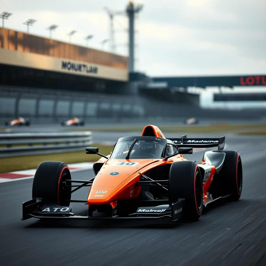 f1 mclaren car aesthetic cinematic photo in a race track