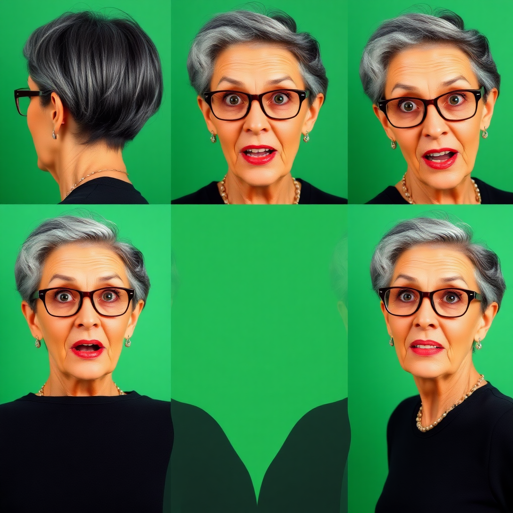 Photorealistic image of six headshots of a 50 years old, fit, European, Latina, sharp aquiline nose, wrinkles, high cheekbones, Middle Eastern, Skinny, tanned skin, dark light skin, full makeup, jewelry, sharp nose, exaggerated expression, surprised, astonished, delighted, mouth open, dark grey ash hair, short bowl haircut, brown eye color, glasses, with detailed features. Each photo displays the same face in back, profile and front view, cut out and isolated on a green background. All six heads are visible side by side, empty space around each view, no overlapping.