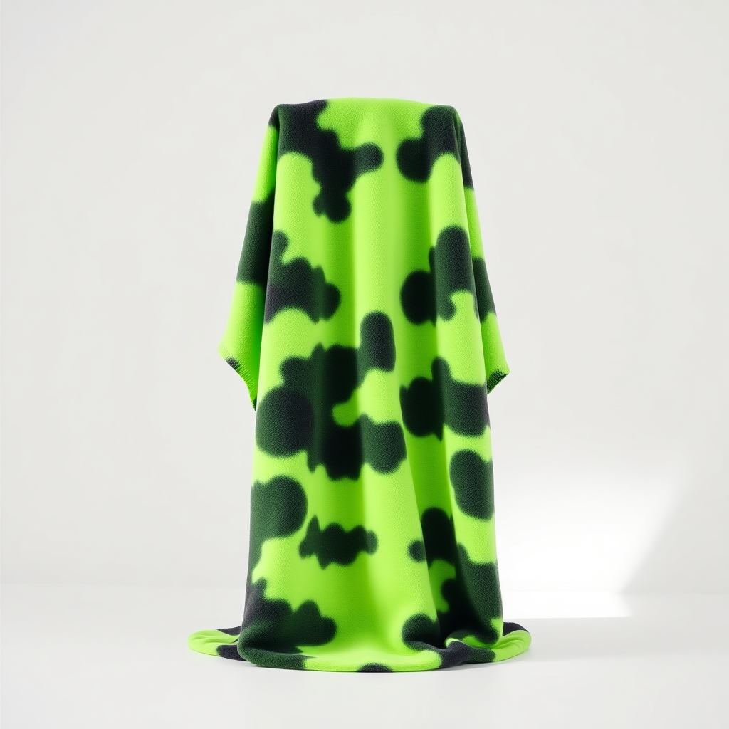 A crazy pastel toned fleece towel in neon lime green and black, with cloudy patterns, white backdrop with sunlight, front view, beautiful, photography, Taken with a Canon E05 R camera with 50 mm f/1.8 lens and f/2.2 aperture. 8k resolution, photography, photorealistic, photogenic, hyperrealistic, hyper-photo-realistic.