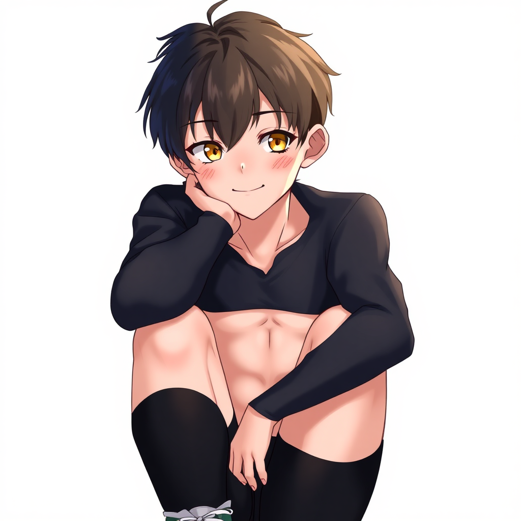 Anime detailed face, masterpiece, high quality, 1boy, boy haircut, crossdressing, Black thigh high socks, sneakers, male body, male bulge, flat chest, teenager boy, teenage, male body type, dark hair, short hair, boy hair cut, honey eyes, looking at viewer, shy, sexy, very short hair, happy, curvy boy, boy face, thin body, tight clothes, flat chest, crop top black