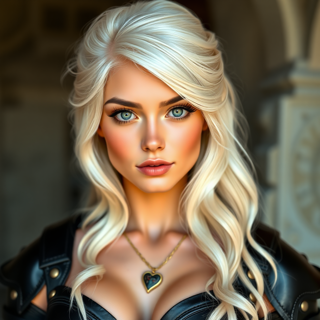 Portrait of a beautiful young woman with long wavy platinum blonde hair, green eyes, a suntan, light brown eyebrows, and large breasts. She is wearing black leather armor and a gold necklace with a small heart pendant.