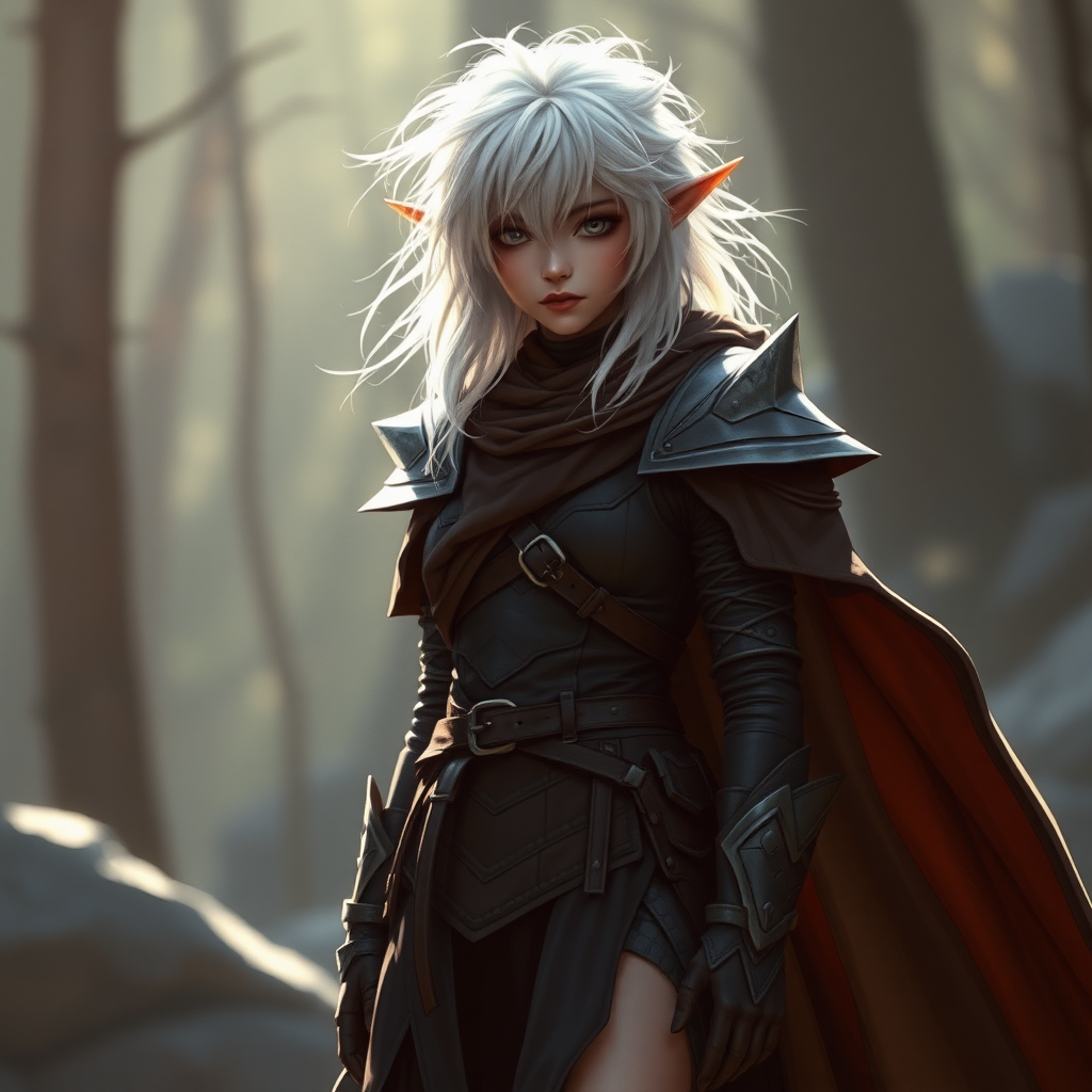 A twenty-something elf girl like (Deedlit). messy shoulder length white hair. wide triangular shoulder pads, flowing cloak, leather armor, skirt, high heel ankle boots. WLOP style. Photorealistic digital matte painting, highly detailed, film grain, lens flare, chromatic aberration.