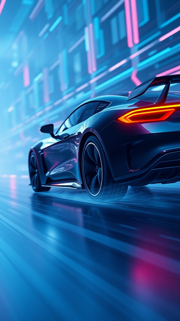 Please render the electric car racing in cyberspace in a realistic 3D manner. Make the background cyber-like and express it with a sense of speed with the "electric sparks". Make the overall color dark blue and draw it with a neon sign feel.