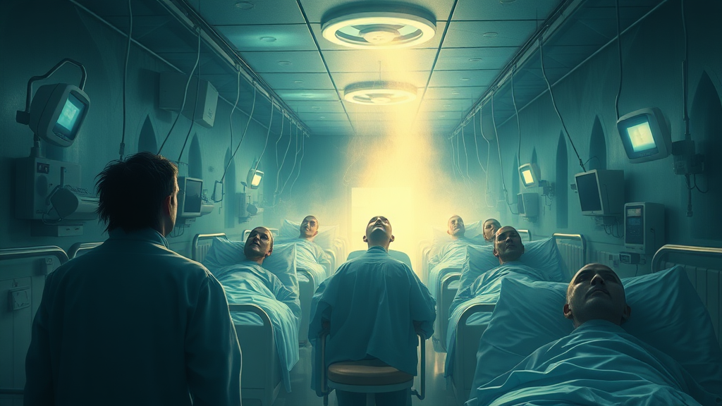 "The hospital bathed in a supernatural glow as the spirits of the patients begin to ascend, their faces slowly transforming from tortured to peaceful."