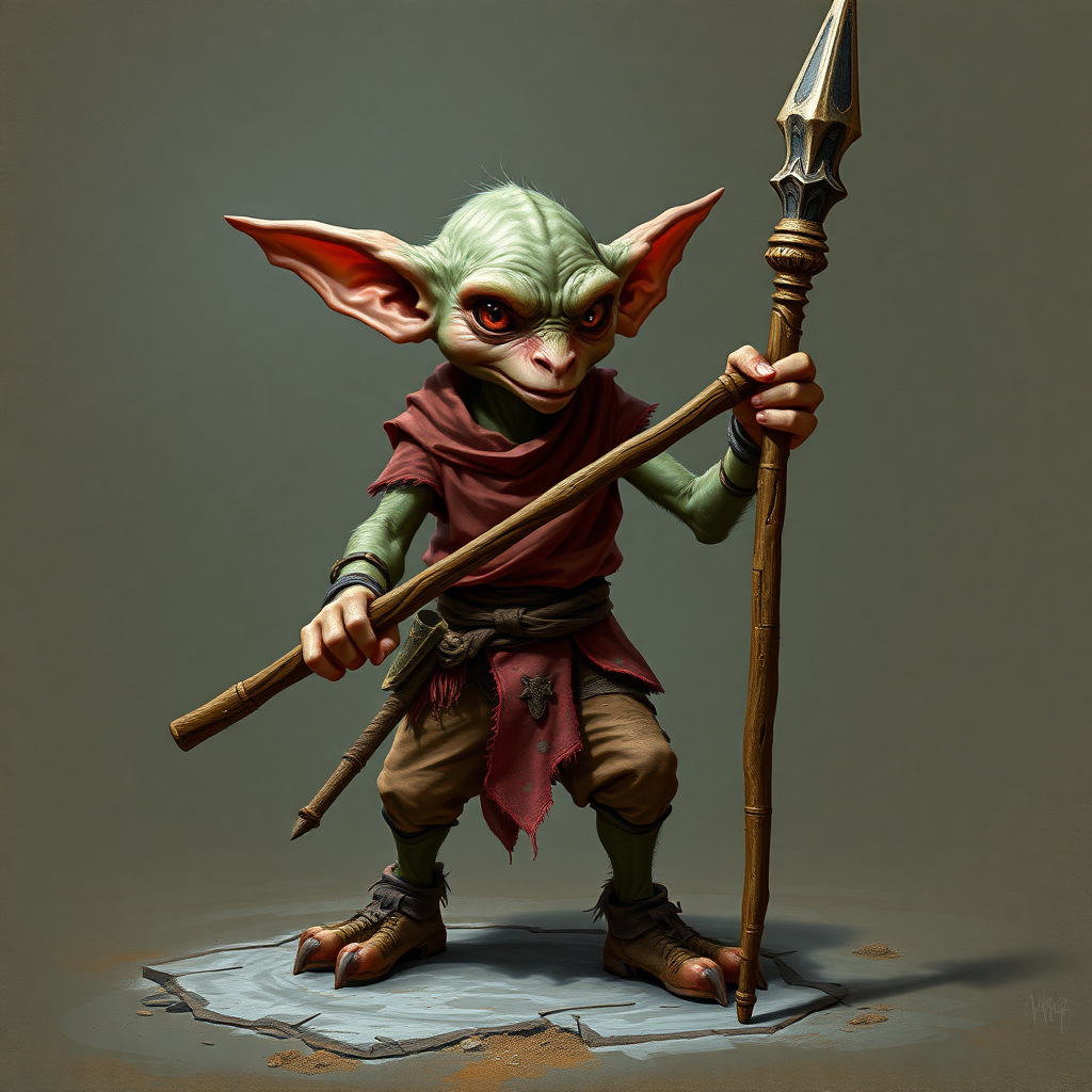 A small, skinny kobold in a tattered red tunic and dirty brown pants holding a quarterstaff in a threatening manner.