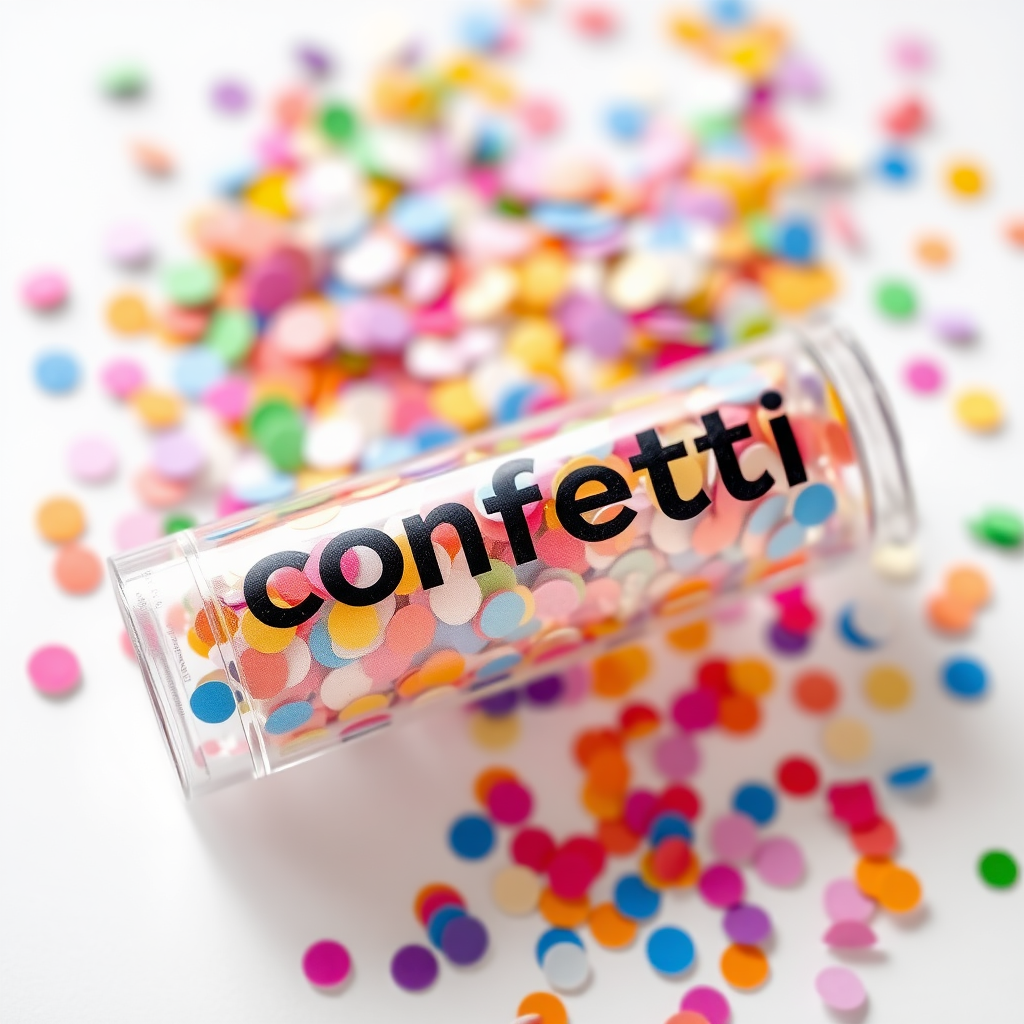 A photo of colorful confetti popper tube with text "confetti" on it