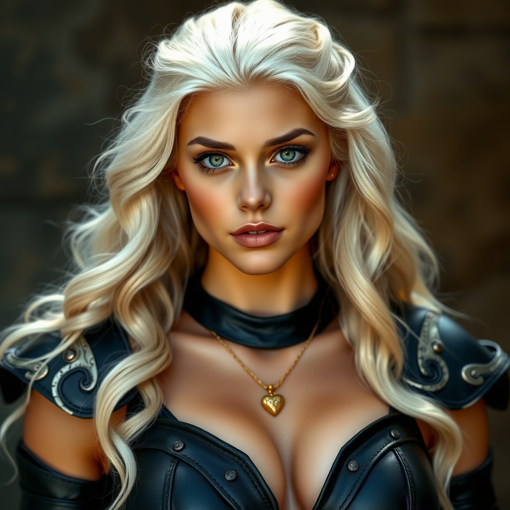 Portrait of a beautiful young woman with long wavy platinum blonde hair, light blonde eyebrows, green eyes, a suntan, and large breasts. She is wearing black leather armor and a gold necklace with a small heart pendant.